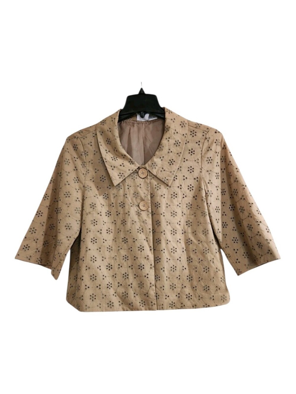 STUDIO V  Y2K Eyelet Jacket Sz L Tan Cotton  Embroidered Lined Boxy Cropped